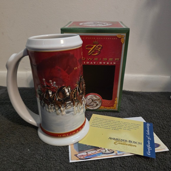 Budweiser Other - Budweiser Holiday Stein 25th Anniversary 2004 CS608 Clydesdales Mug Red Box COA